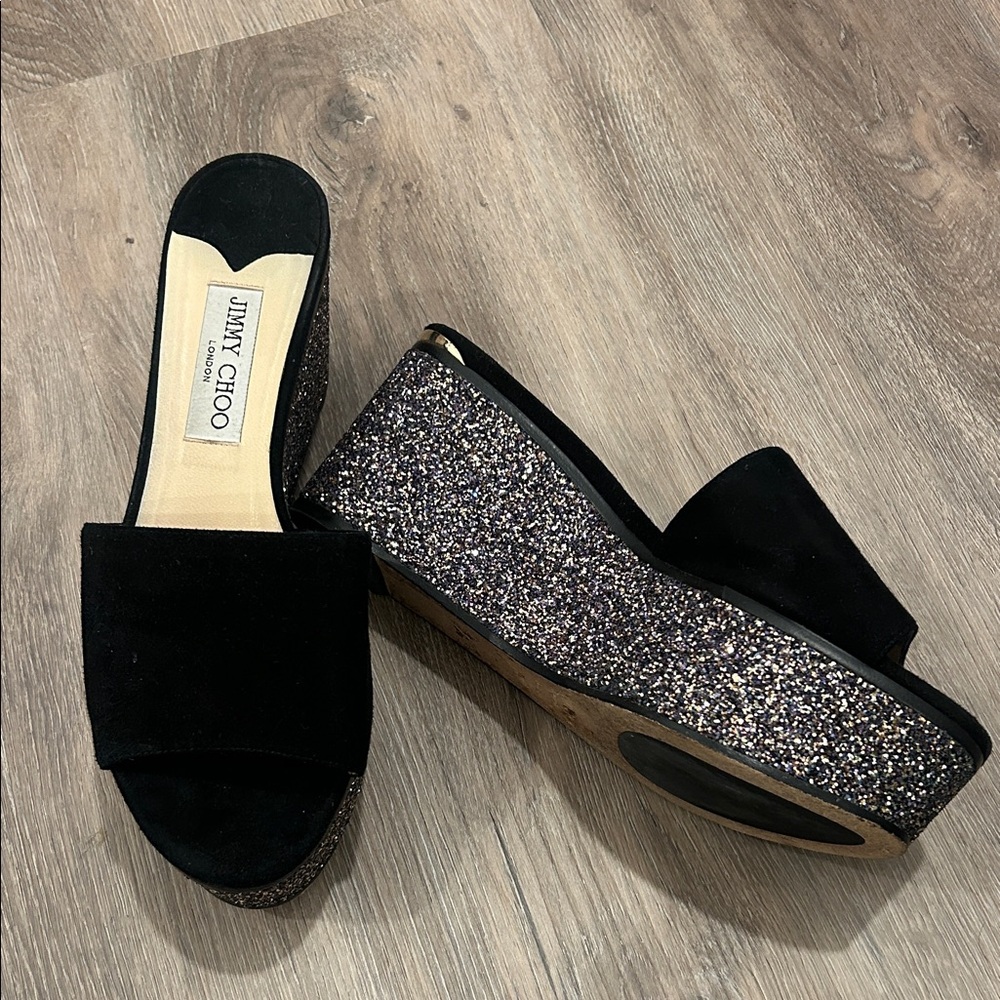 Jimmy Choo Black and Silver Glitter Platform Mules